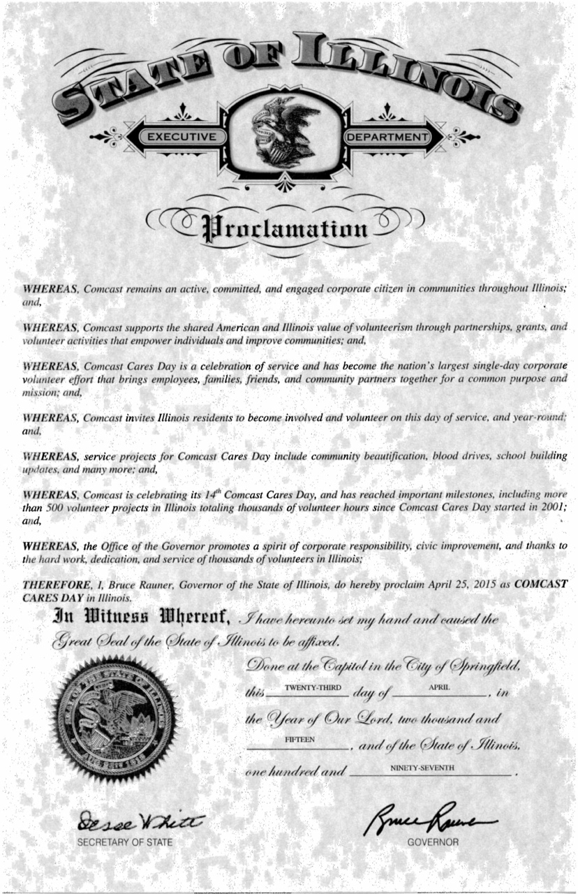 Governor Bruce Rauner proclaims April 25, 2015, Comcast Cares Day in Illinois.