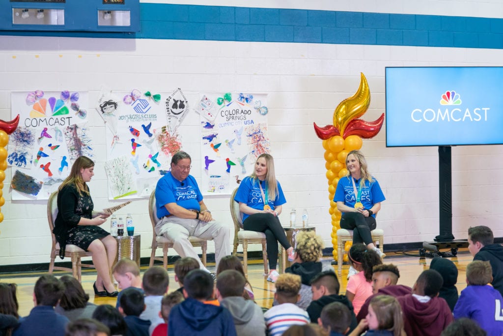 Rebecca (left) interviewing David L Cohen, Jocelyne Lamoureux-Davidson and Monique Lamoureux-Morando.