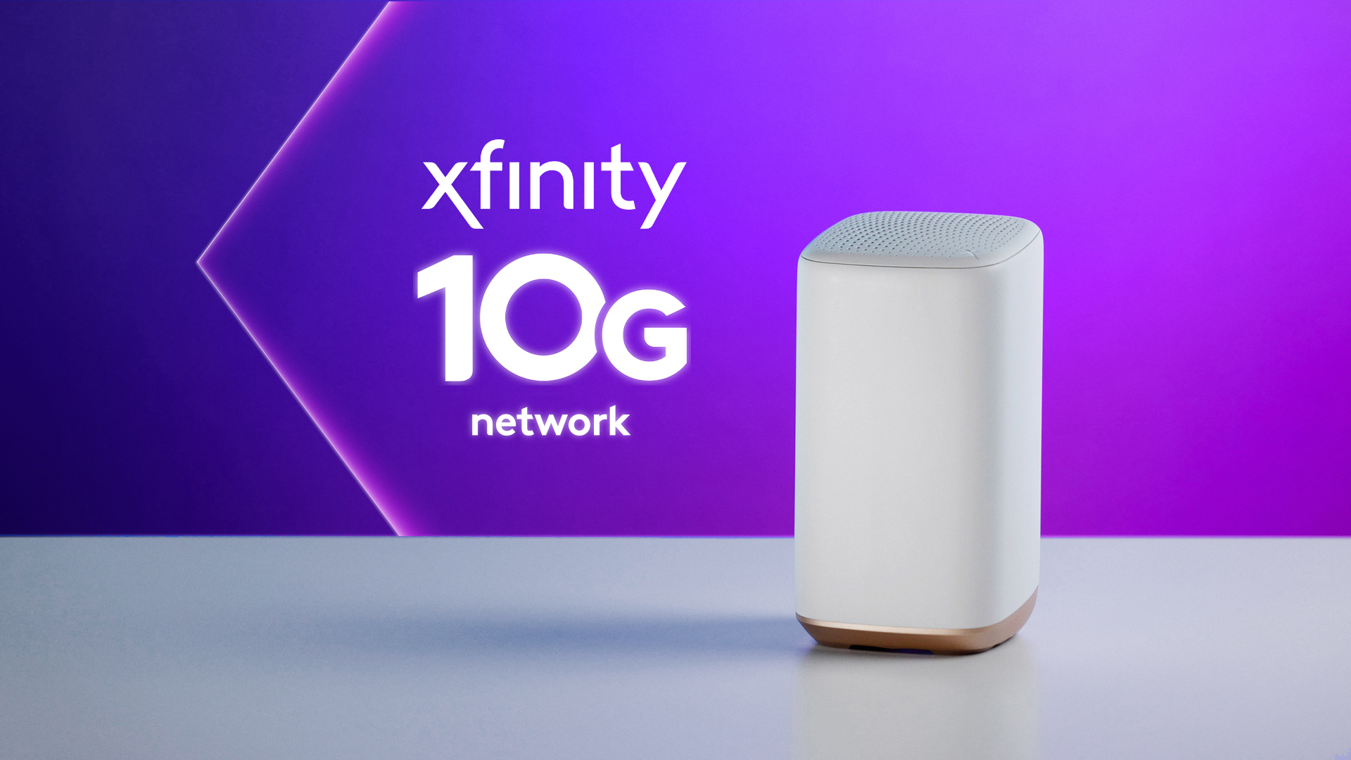 Xfinity 10G logo and Xfinity Gateway on a table.