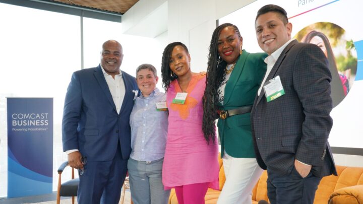 Speakers gather on stage for the Celebrating Diverse Founders and Business Owners in the Bay Area event