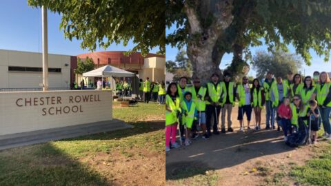 Comcast California team stands outside Rowell Elementary School