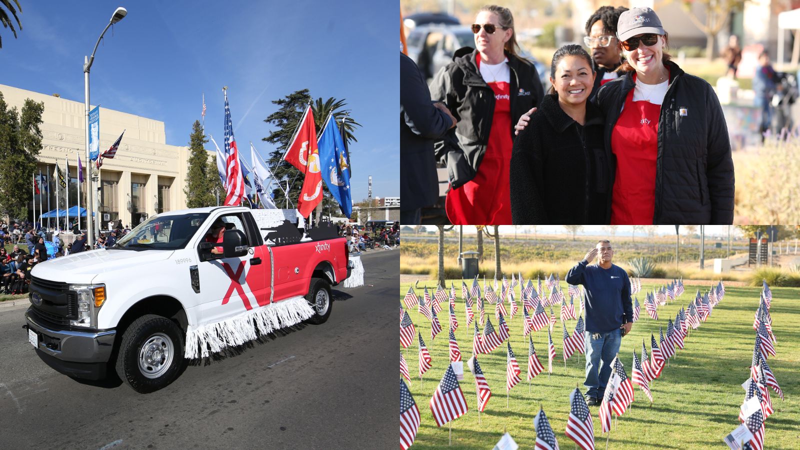 A collage of three images: a red and white Xfinity truck at the 2023 Central Valley Veterans Day Parade; Comcast teammates at Tesoro Viejo's Veterans Day Pancake Breakfast; and a veteran saluting in a grass field of American flags.