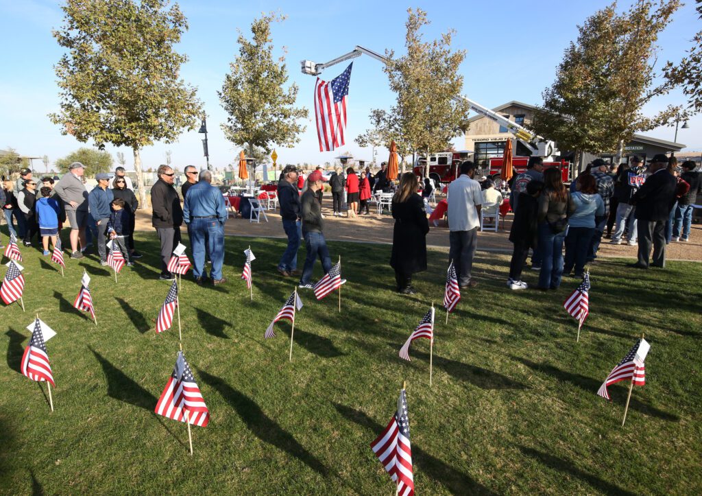 A crowd stands in line for breakfast at Tesoro Viejo's Veterans Day Pancake Breakfast 2023.