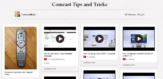 screenshot of ComcastMark's Pinterest page about Comcast self-help resources
