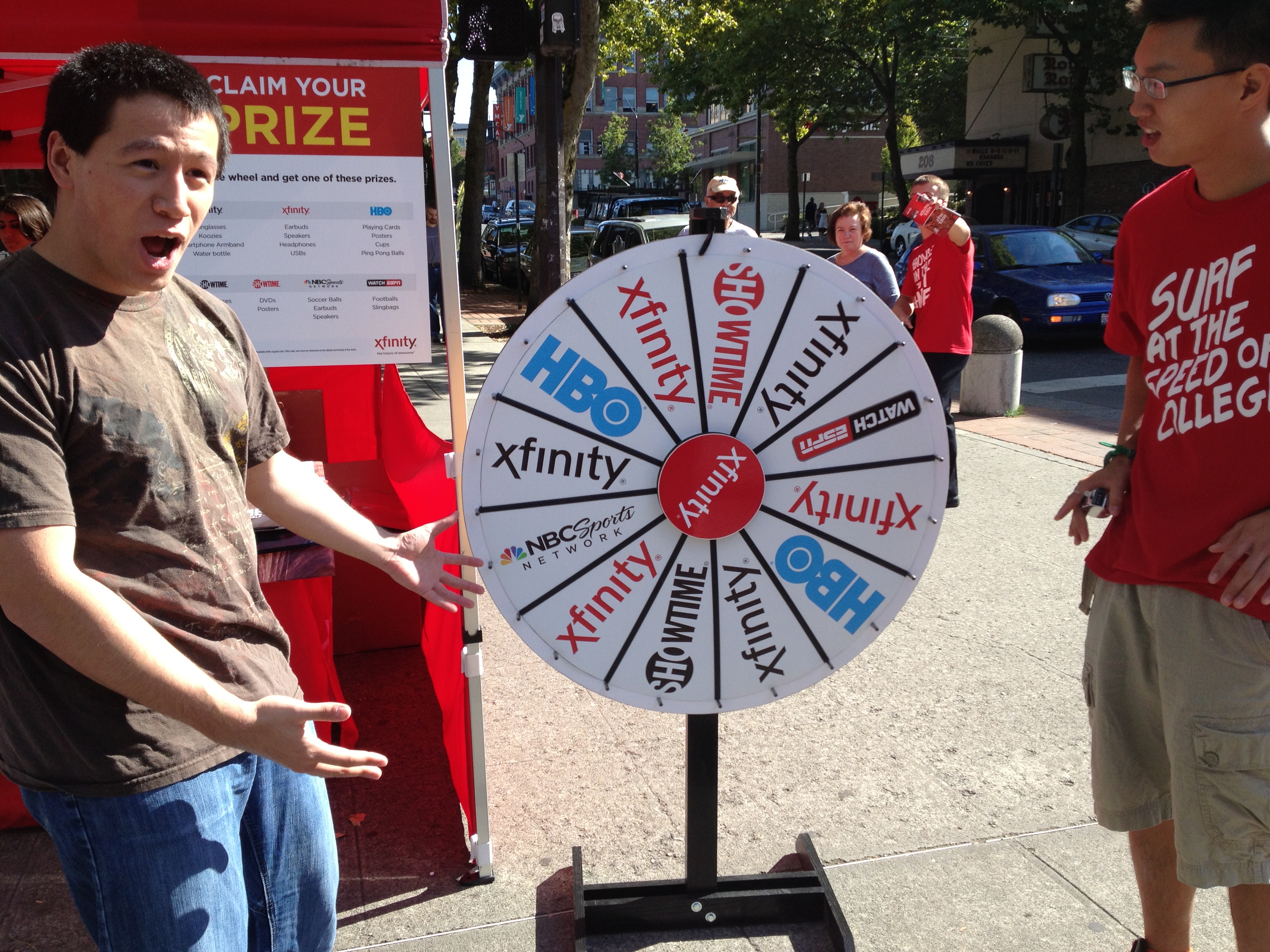 student spins prize wheel