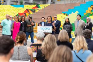 Tacoma Mayor, Victoria Woodards speaks in downtown Tacoma. 