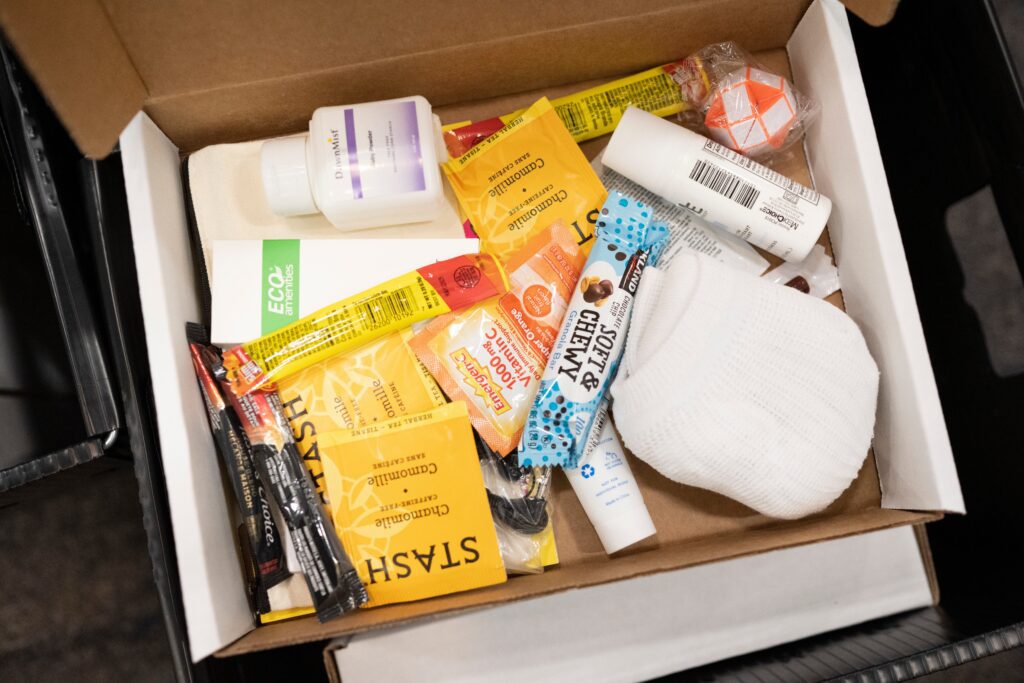 Close up of small box with various health items