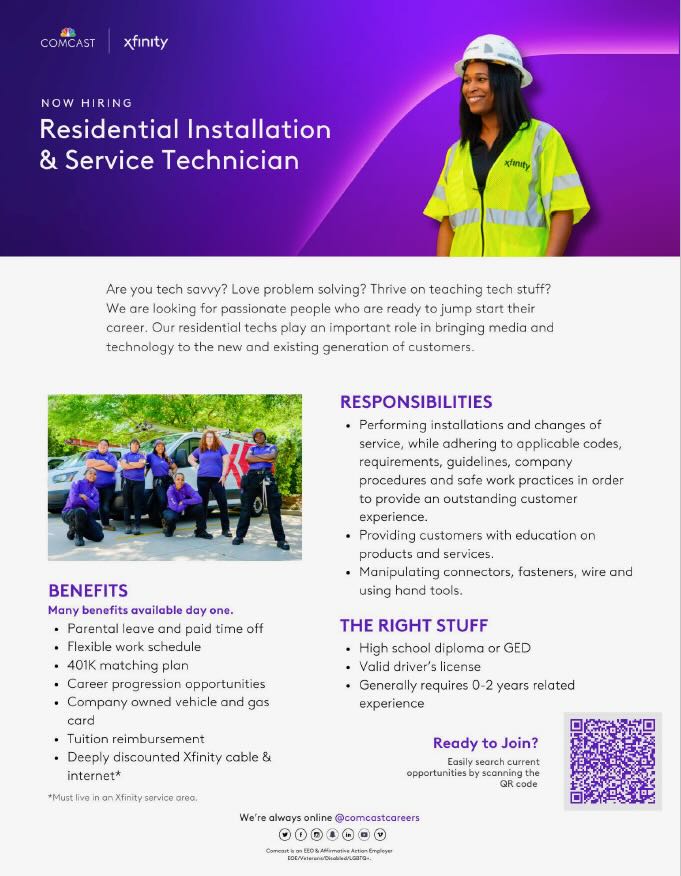 An informational flyer is seen with details about the residential installation and service technician position at Comcast.