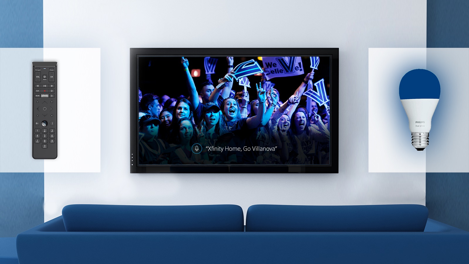 A TV displays an X1 Voice Remote voice command that reads "Xfinity Home, Go Villanova".
