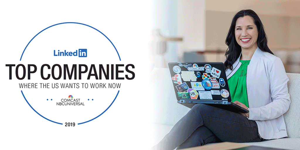 A GIF that includes the LinkedIn Top Companies seal and several Comcast employees.