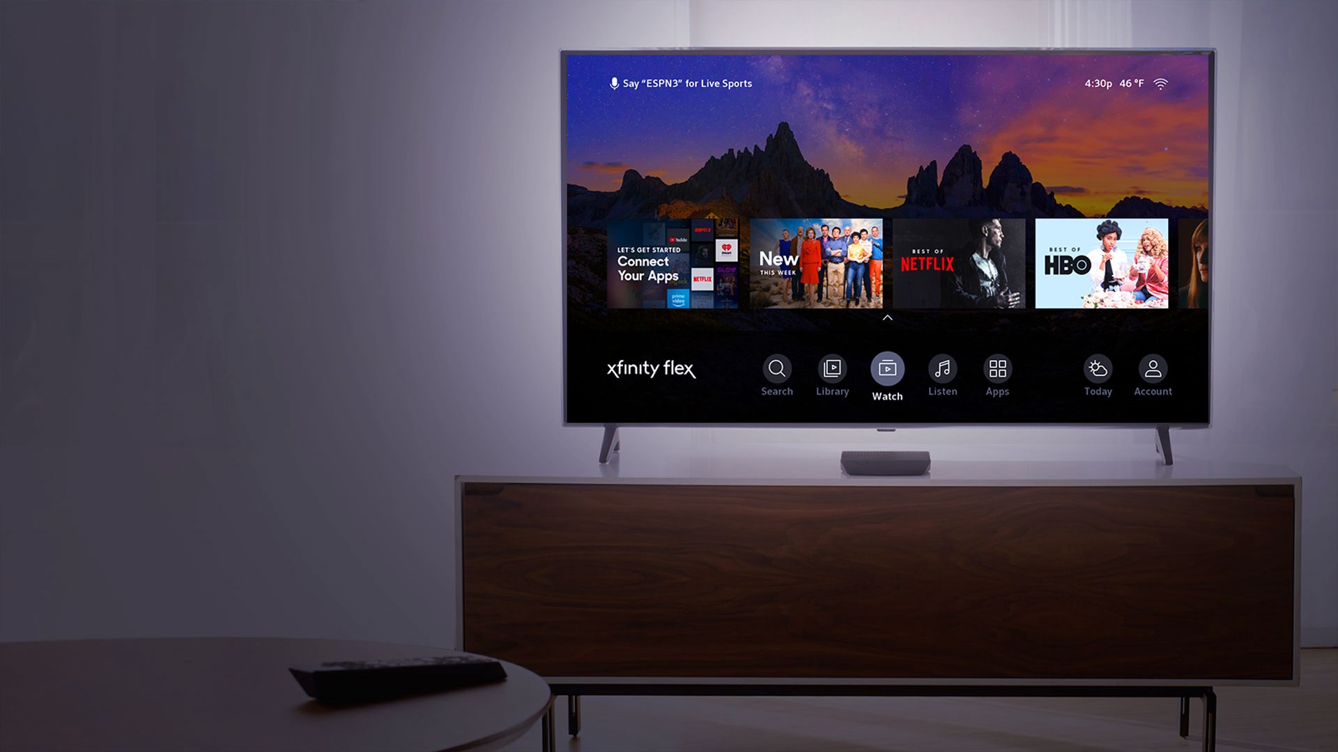 The Xfinity Flex home menu displayed on a TV.
