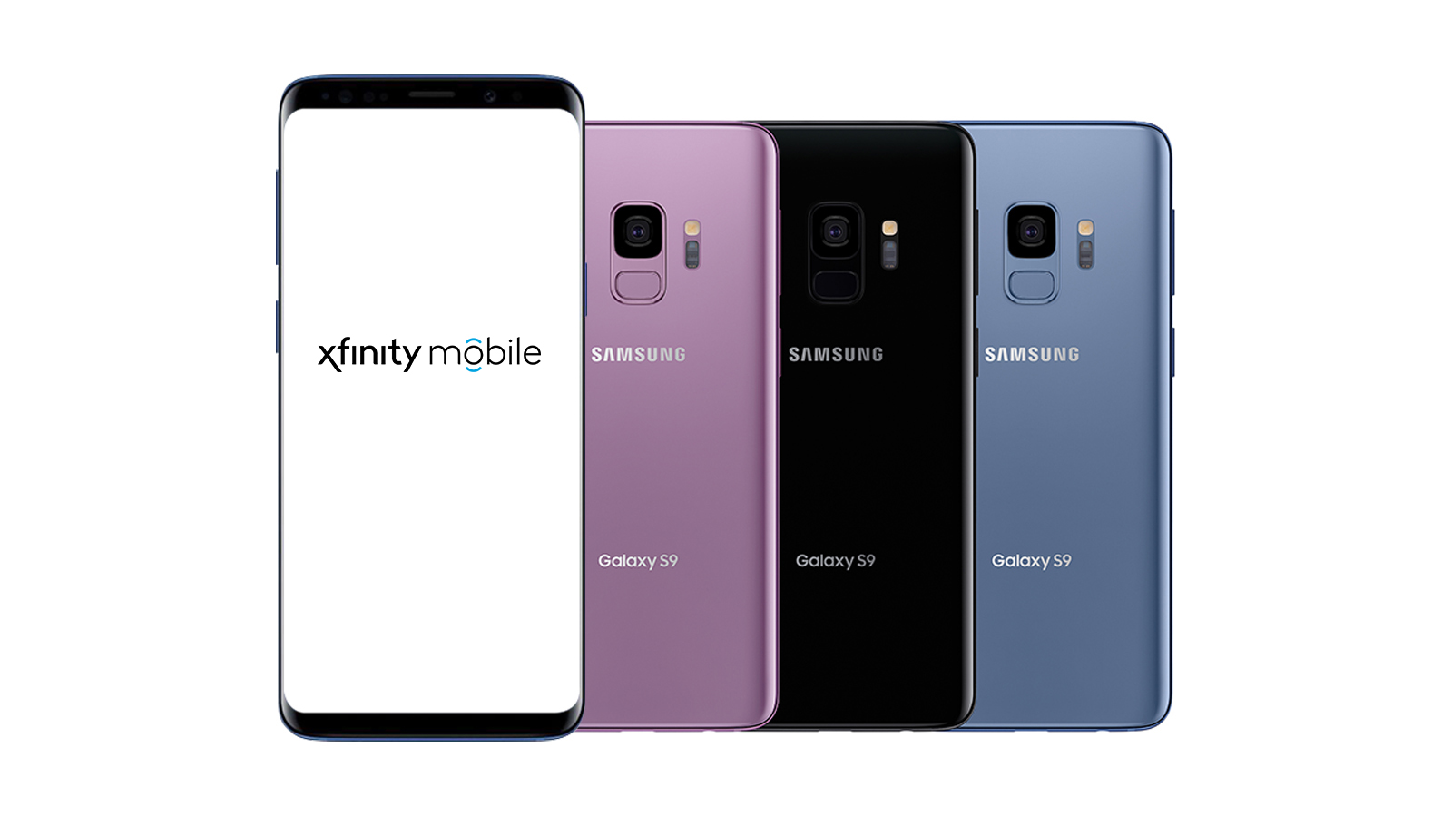 4 Samsung Galaxy S9 phones lined up.