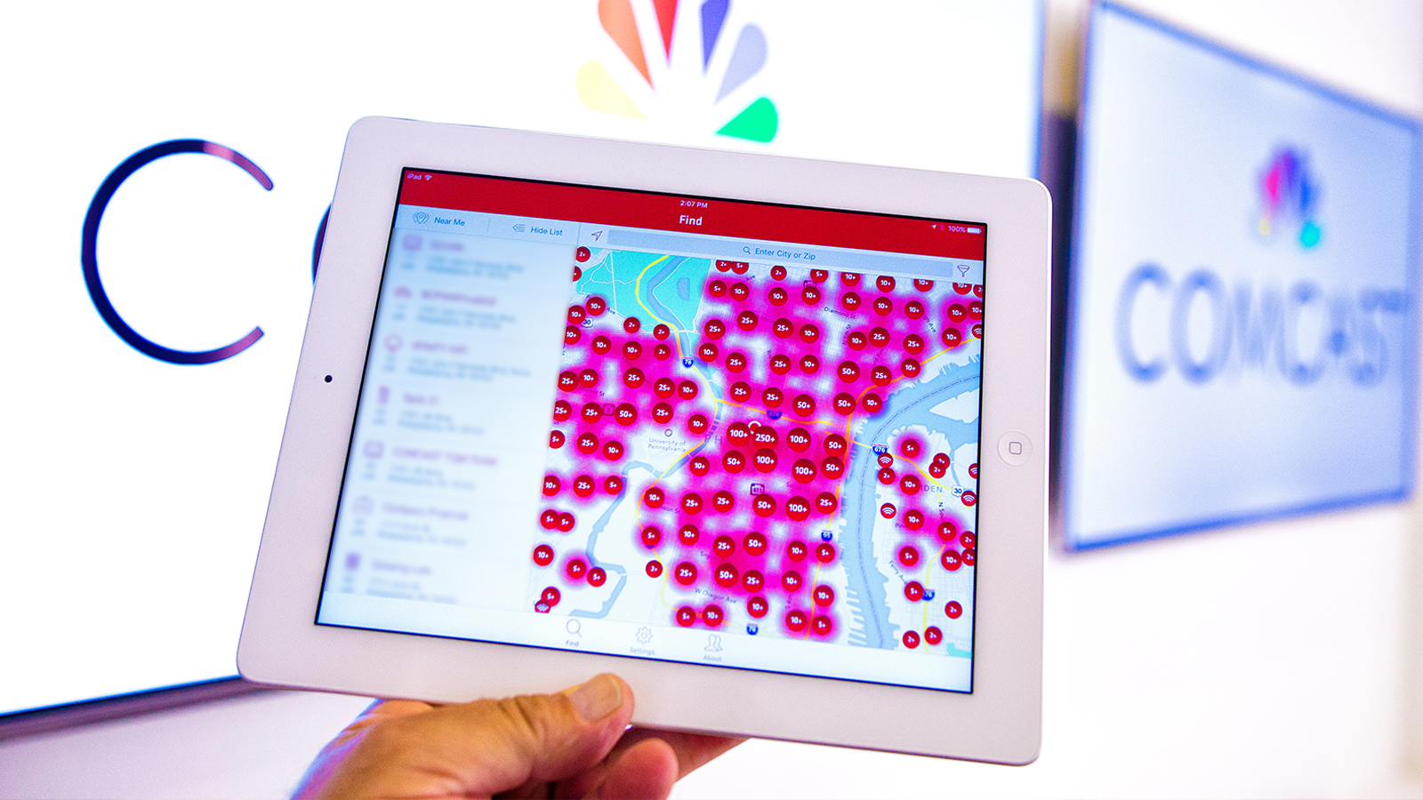 A map of Xfinity WiFi hotspots displayed on a tablet.