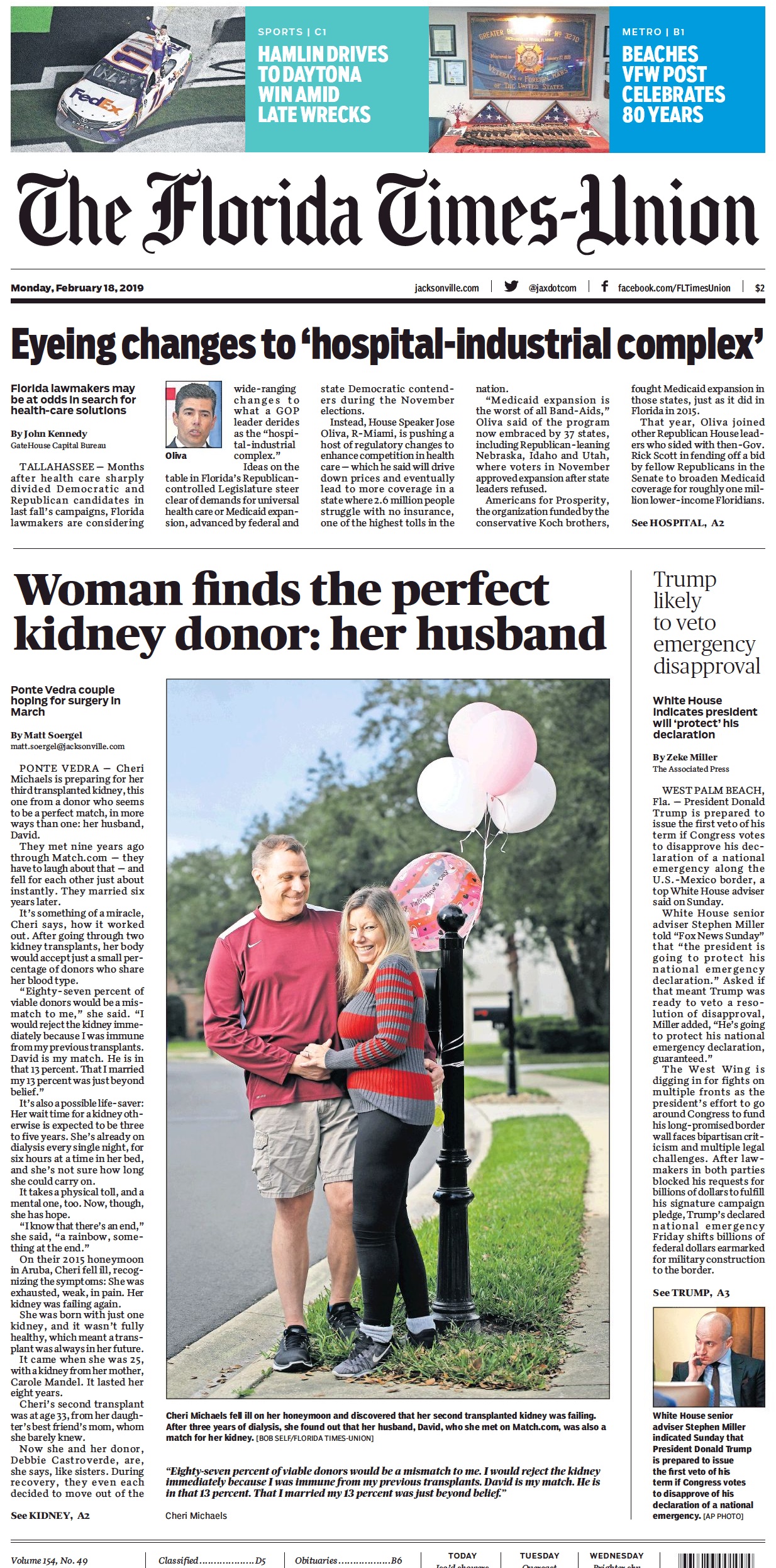 Florida Times Union Front Page Feb 18 2019 Comcast Florida