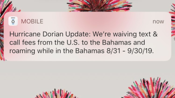 A Hurricane Dorian update notification from Xfinity Mobile.