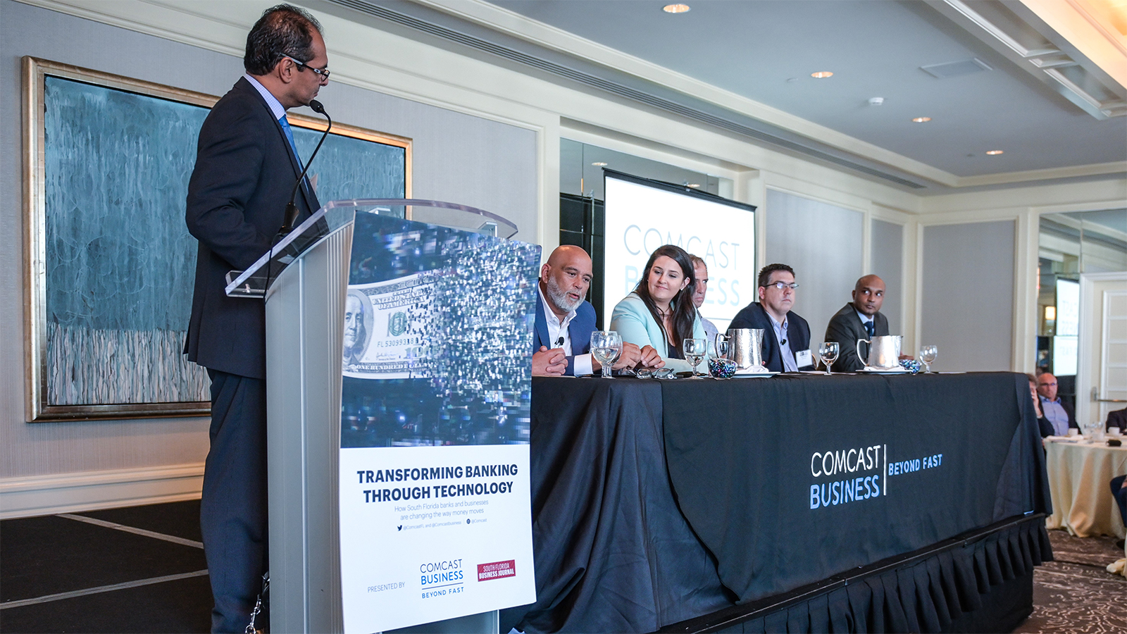 Panelists onstage at the Transforming Banking Through Technology panel.