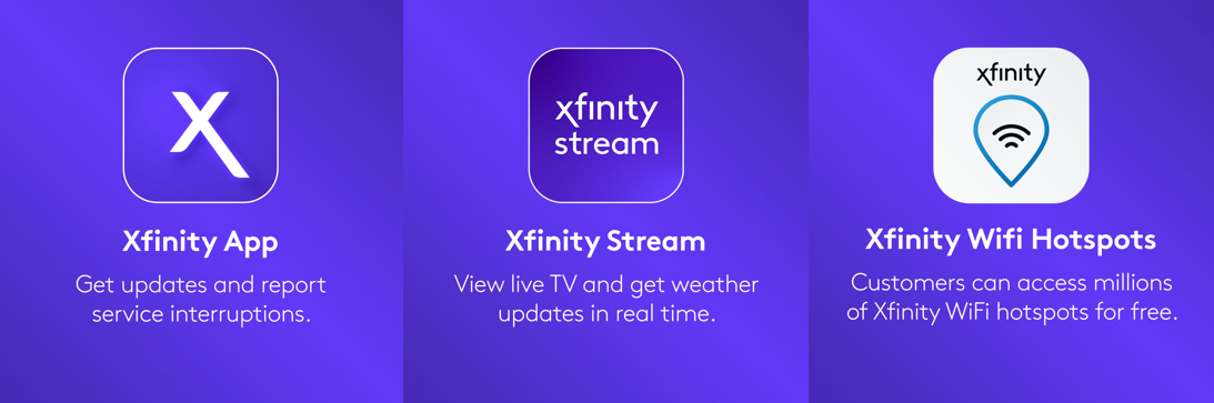 Image of three Xfinity apps that assist customers during a storm. Xfinity, Xfinity Stream and Xfinity WiFi Hotspots.