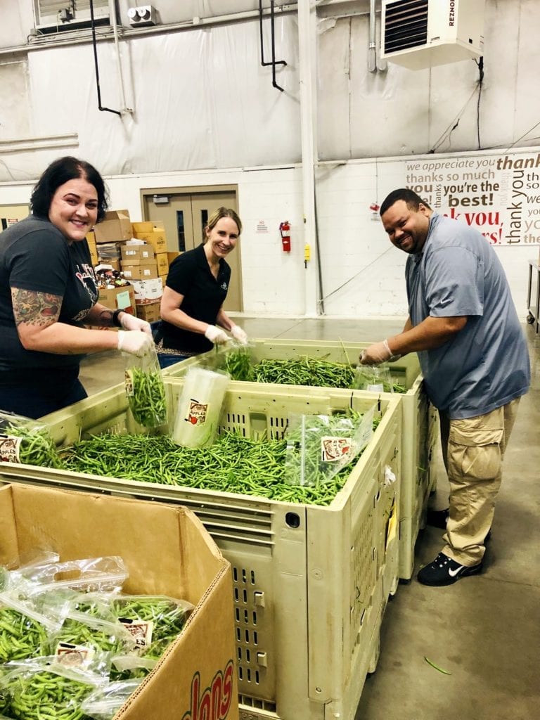 employees sorting green beans