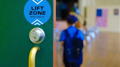 Lift Zone sticker on outside of classroom door