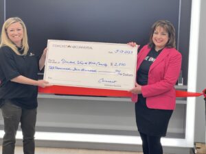 Two people holding giant donation check