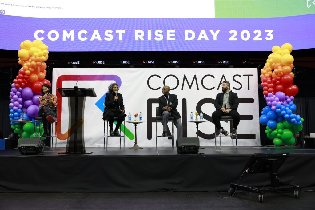 Panel discussion on Artificial Intelligence and Social Media moderated by Elizabeth R. Flores, Vice President of News for NBC10-Telemundo62. Featuring panelists Earl Boyd, Director of Entrepreneur Services at Entrepreneur Works, and Steve Shea, Founder and CEO of Everything Clicks.