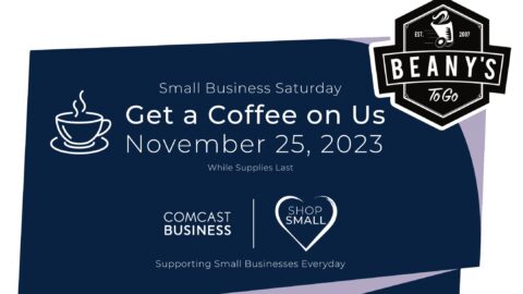 Flyer announcing Comcast and Beany's To Go partnering on a Small Business Saturday coffee giveaway.