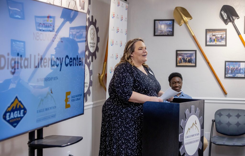 Melissa Clark of the Eagle Mountain Chamber of Commerce speaks during the soft launch ribbon cutting for the Digital Literacy Center at the Eagle Mountain Chamber of Commerce on Thurs., April 25, 2024 in Eagle Mountain, Utah.
