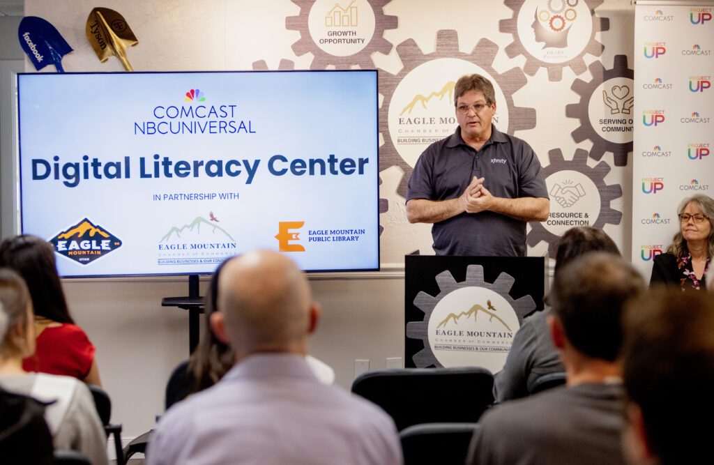 Paul Smith of Comcast speaks during the soft launch ribbon cutting for the Digital Literacy Center at the Eagle Mountain Chamber of Commerce on Thurs., April 25, 2024 in Eagle Mountain, Utah.