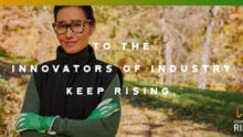 Woman standing outdoors with caption overlay: "To the Innovators of Industry - Keep Rising"