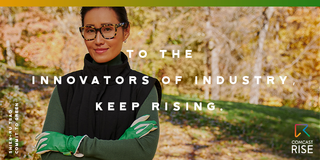 Woman standing outdoors with caption overlay: "To the Innovators of Industry - Keep Rising"