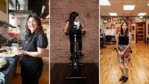 A woman working in a restaurant kitchen, woman riding an exercise bike and woman standing in the middle of her tattoo studio