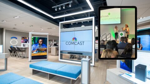 Alka Patel's image super-imposed over a photo of an Xfinity store